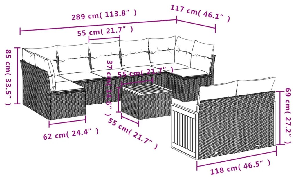 Set Divano da Giardino 10 pz con Cuscini Beige in Polyrattan