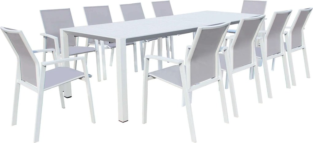 ARIZONA - set tavolo in alluminio cm 100 x 51,50/104/156/208/260 x 74 h con 10 poltrone Lotus