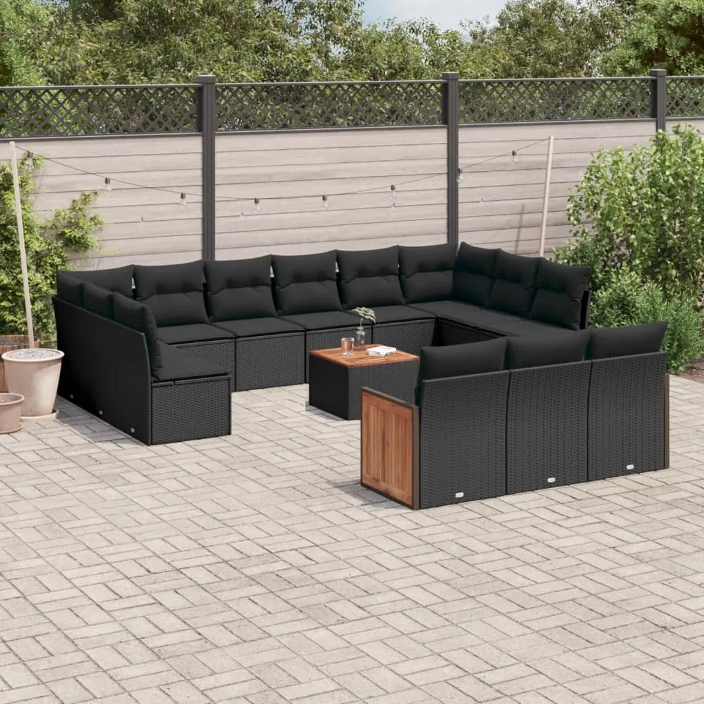 Set divani da giardino 14pz con cuscini in polyrattan nero