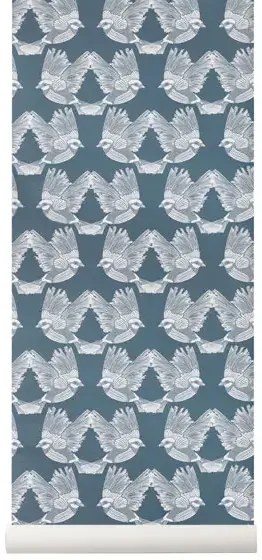 Vogel Tapete Birds von Ferm Living - Dark Green/ Offwhite