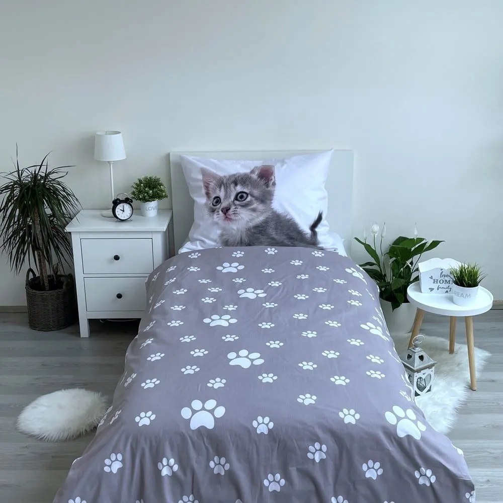 Set copripiumino e federa da bambini bianco/grigio in cotone per letto singolo 140x200 cm Kitten "Grey" – Jerry Fabrics