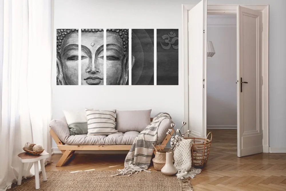 Quadri 5 pezzi – Volto di Buddha in bianco e nero