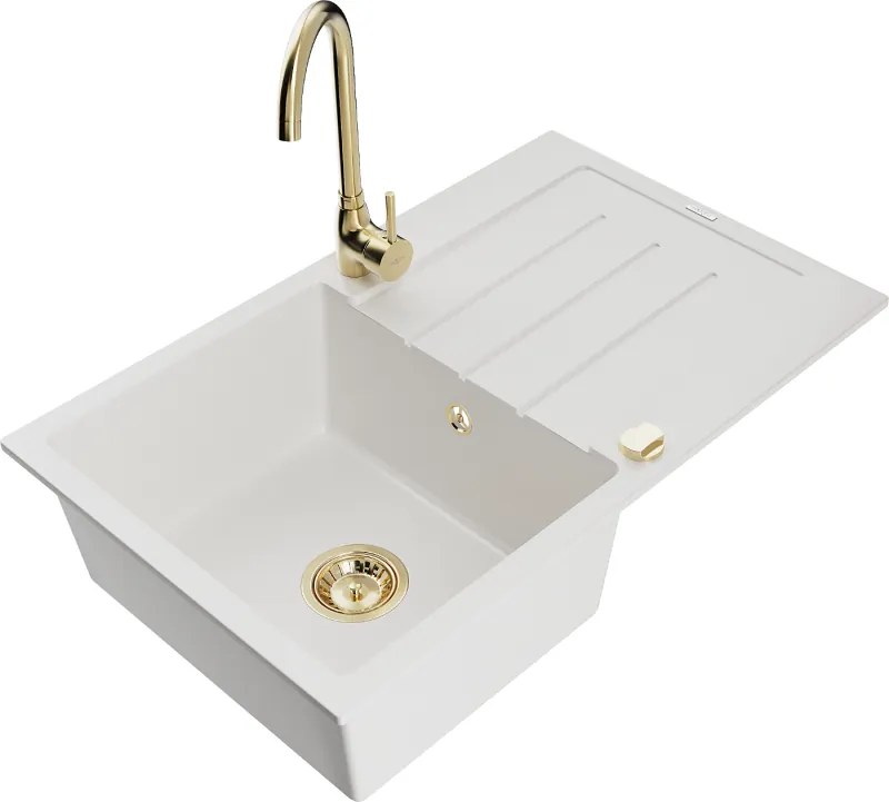 Mexen Bruno lavello in granito a 1 vasca con scolapiatti e rubinetto da cucina Telma, bianco - 6513-20-670200-50