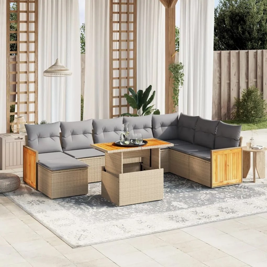 Set divano da giardino 9 pz con cuscini beige in polyrattan