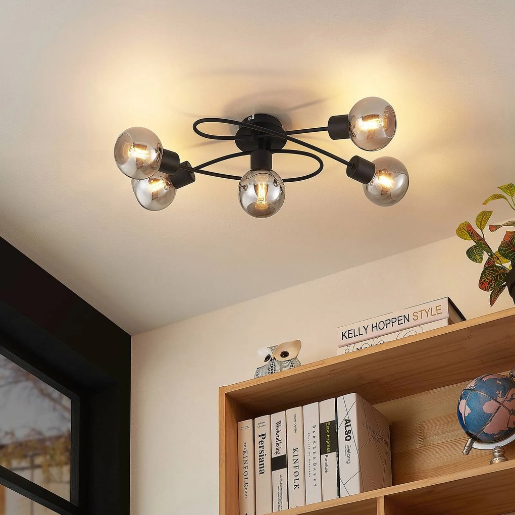Plafoniera soffitto Elaina Lindby, dimmerabile, Nero, Soggiorno / Sala da pranzo, Metallo, Moderno, Plafoniera