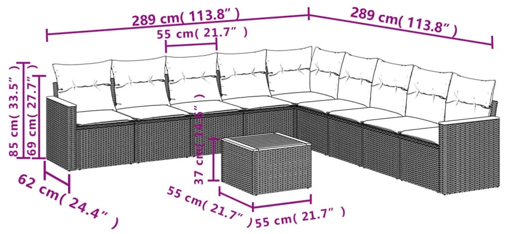 Set divani da giardino 10pz con cuscini in polyrattan nero