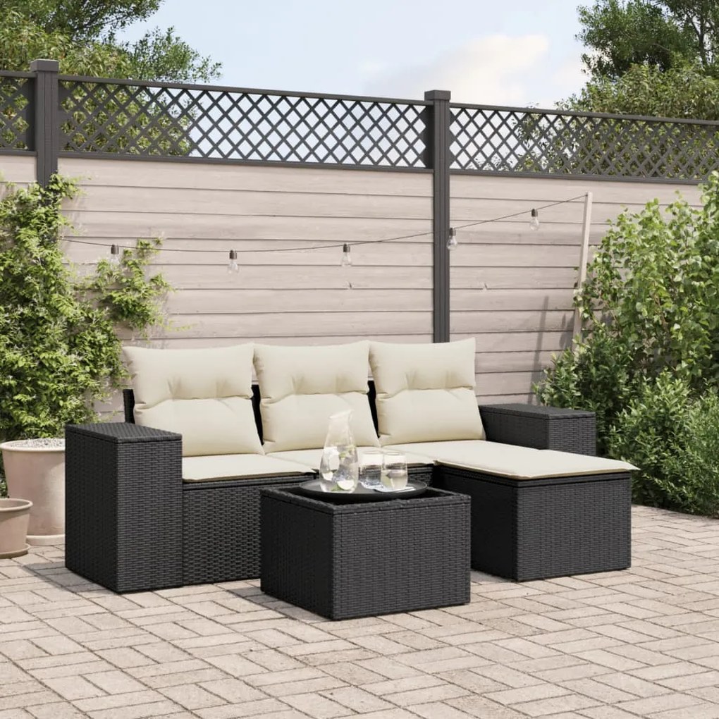 Set divani da giardino 5 pz con cuscini in polyrattan nero