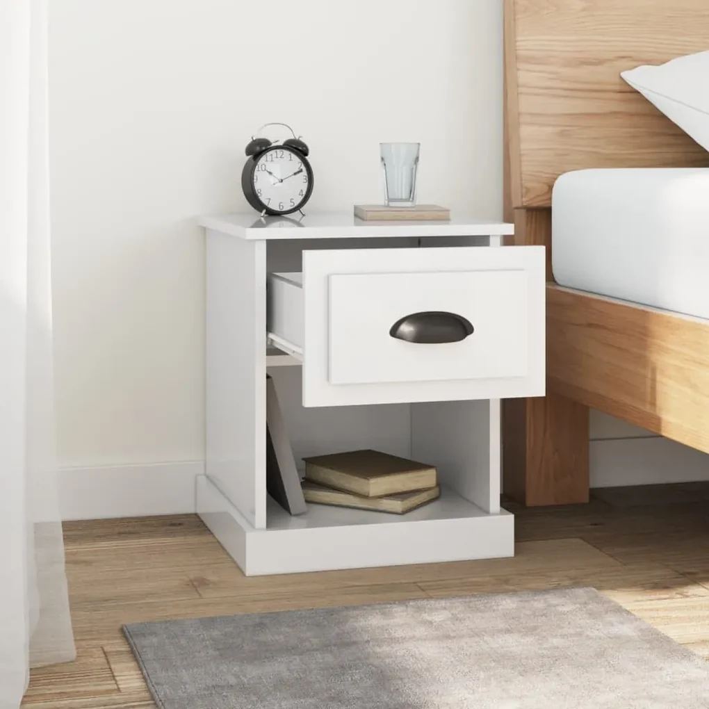 Comodino bianco lucido 39x39x47,5 cm in legno multistrato