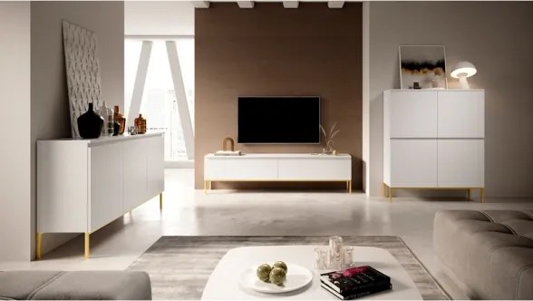 Mobile TV Da Terra 150 Cm 2 Ante Bianco Piedini Oro Lume