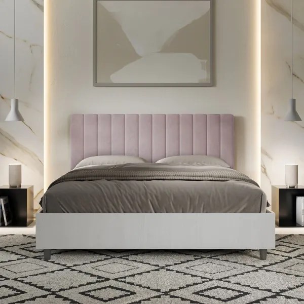 Letto contenitore da 160x200 in legno bianco e testata in microfibra glicine Kaia