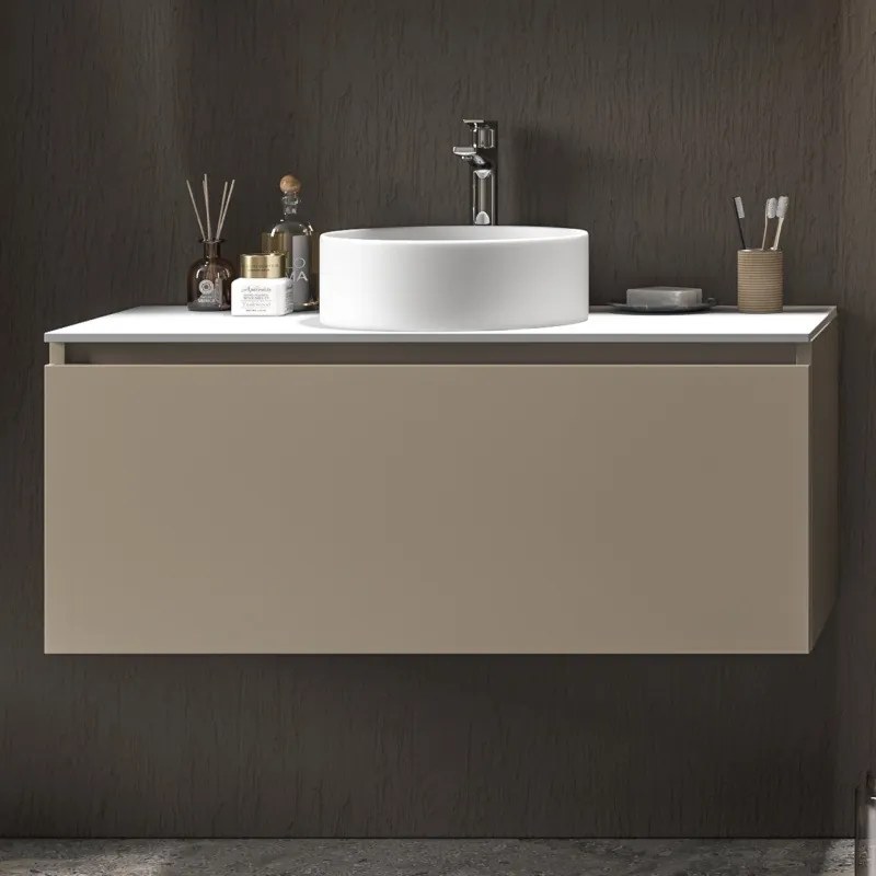 Mobile bagno 100 cm sospeso con piano da appoggio in solid surface bianco SP-100C - KAMALU