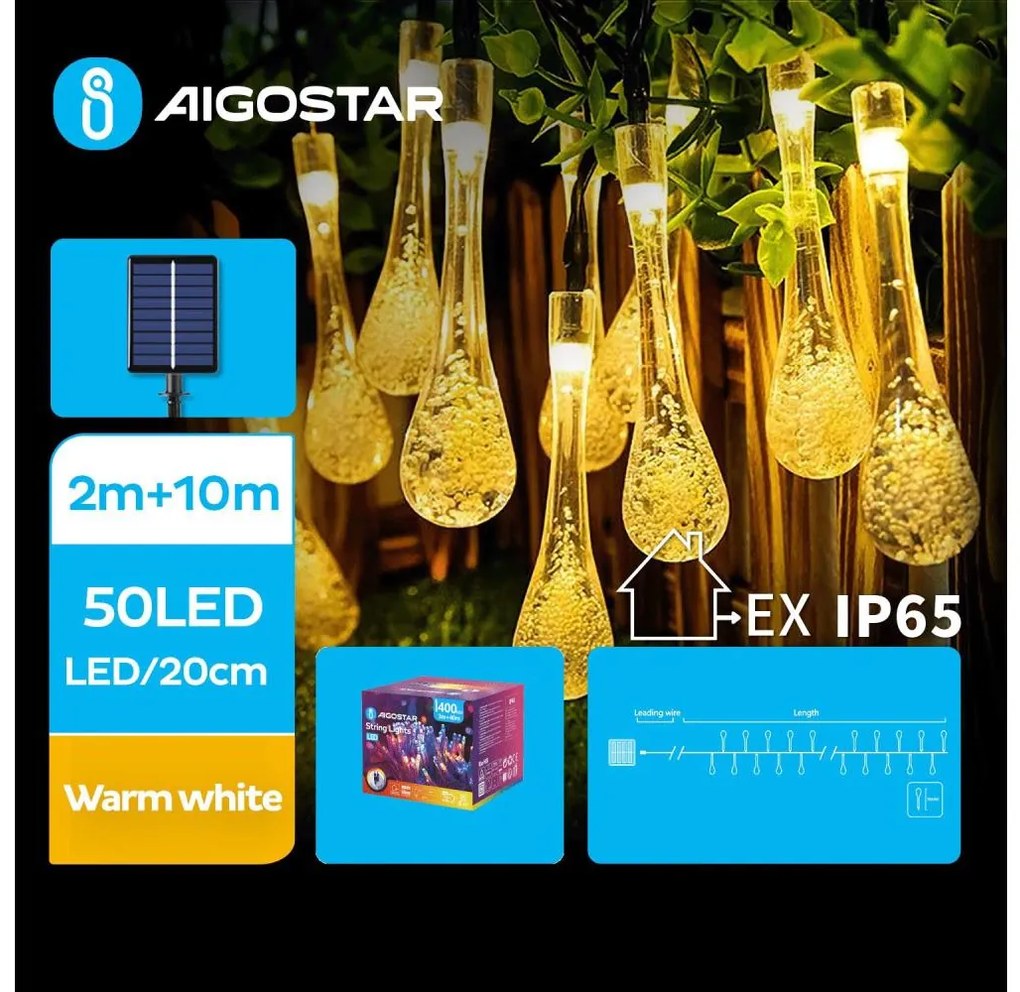 Aigostar - LED Solare catena decorativa 50xLED/8 funzioni 12m IP65 bianco caldo