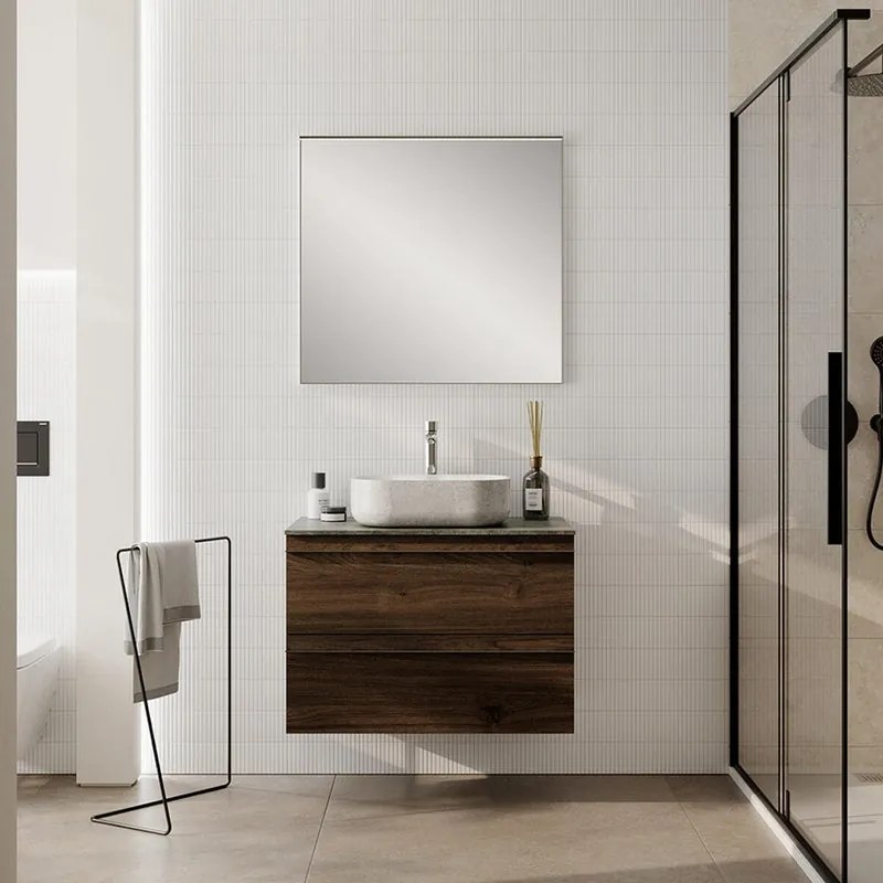 Mobile Linea L80 H55 P45 in laminato rovere cotto 2 cassetti a chiusura ammortizzata e top gres nero Creta