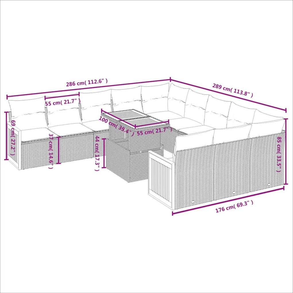 Set divani da giardino 11 pz con cuscini beige in polyrattan