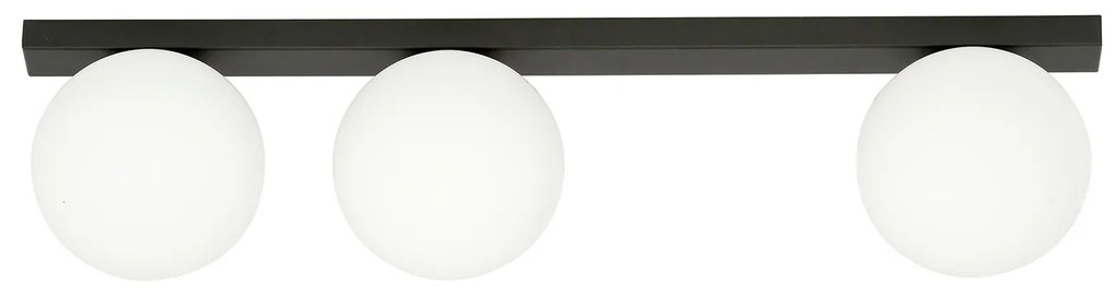 Plafoniera Moderna 3 Luci Giapeto Barra In Acciaio Nero E Sfere Di Vetro Opale