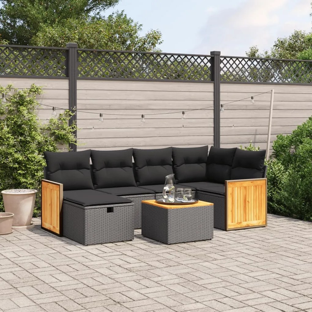 Set Divani da Giardino con Cuscini 7pz Nero Polyrattan