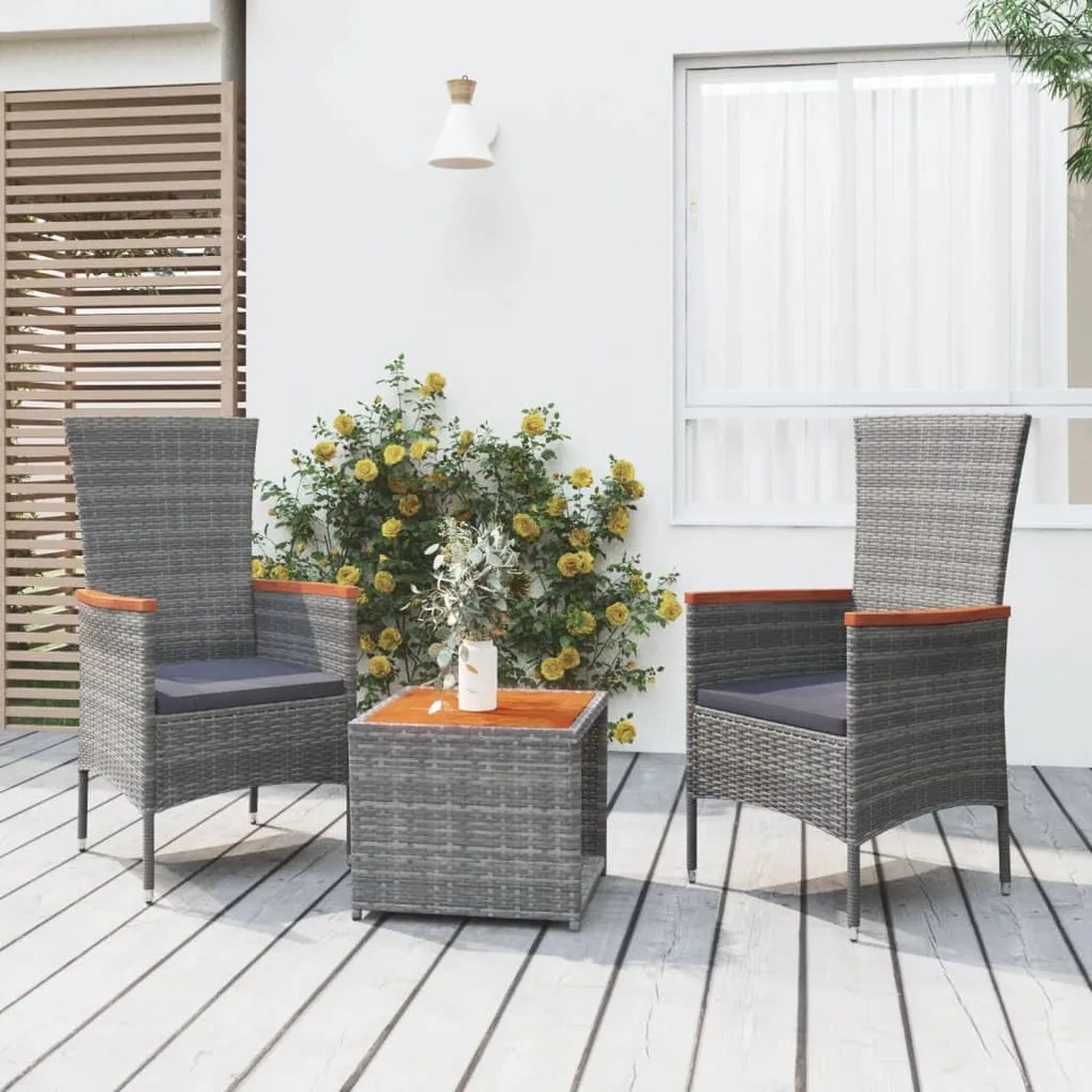 Set Mobili Giardino 3pz Grigio Polyrattan Legno Massello Acacia /