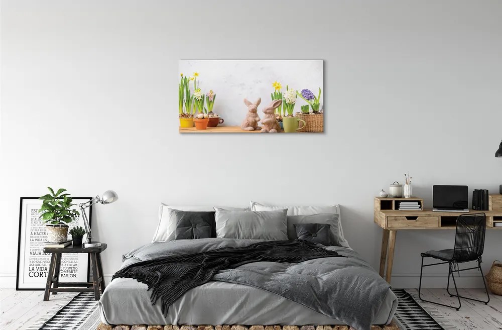 Quadro su tela Fiori conigli 100x50 cm