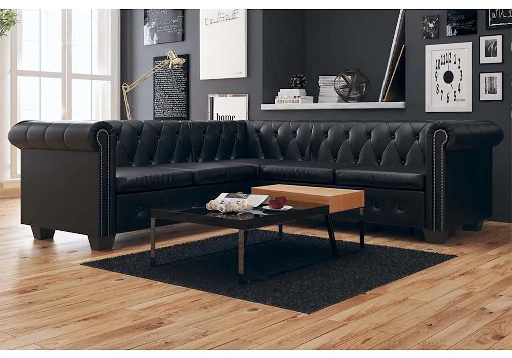 Divano Angolare Chesterfield A 5 Posti Pelle Artificiale Nera /