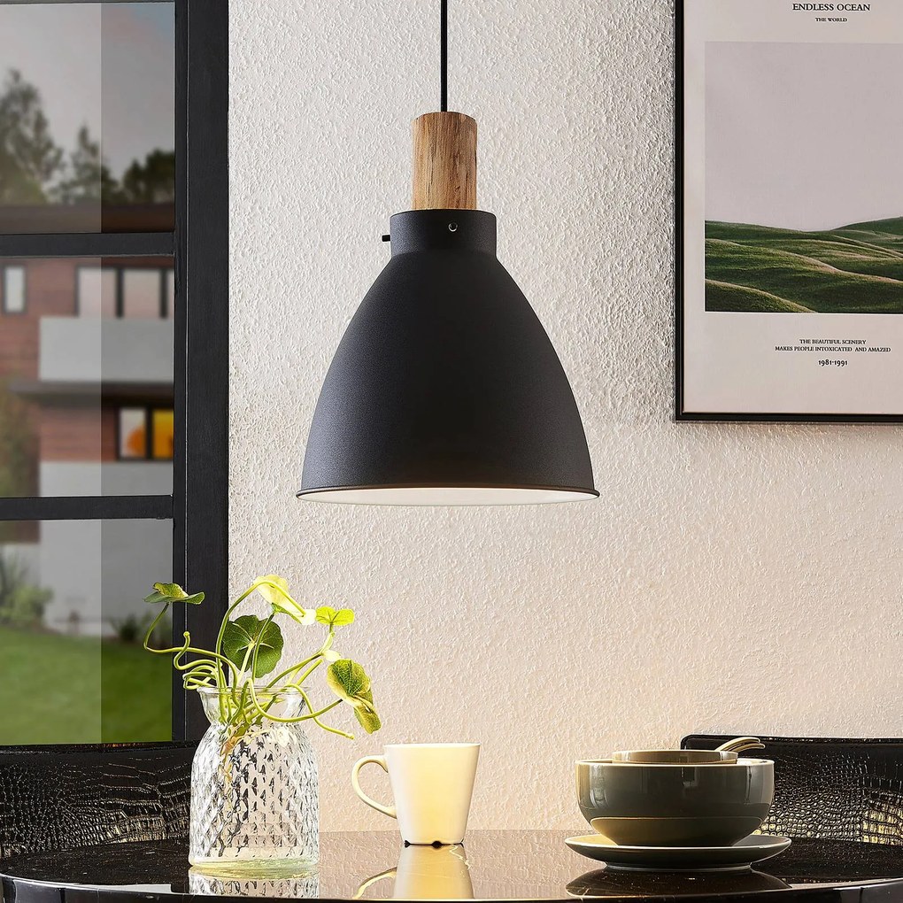 Lampada a sospensione Lindby Trebale, E27, Ø 28 cm, nero, legno