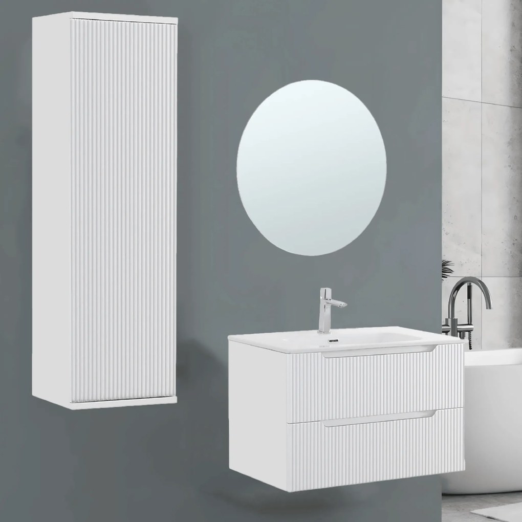 Mobile Bagno Sospeso Cannettato 80 Cm Due Cassetti Specchio Tondo a Filo Diametro 80 Cm Feridras "Kannè" Bianco Opaco
