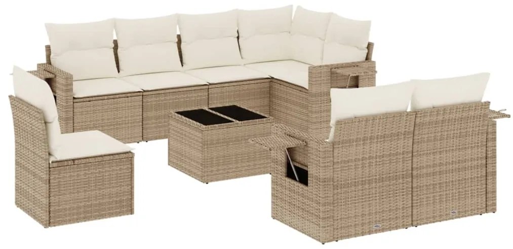 Set divano da giardino 9 pz con cuscini beige in polyrattan