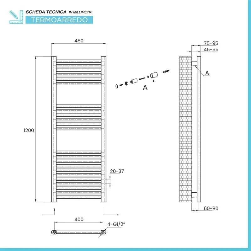 Termoarredo bagno scaldasalviette bianco L 45x120 interasse 40 cm