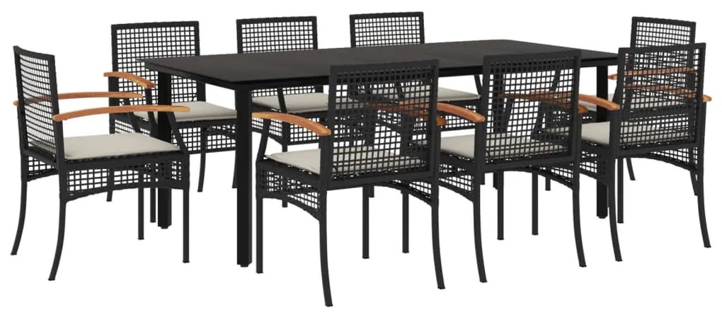 Set da pranzo da giardino 9 pz con cuscini nero in polyrattan