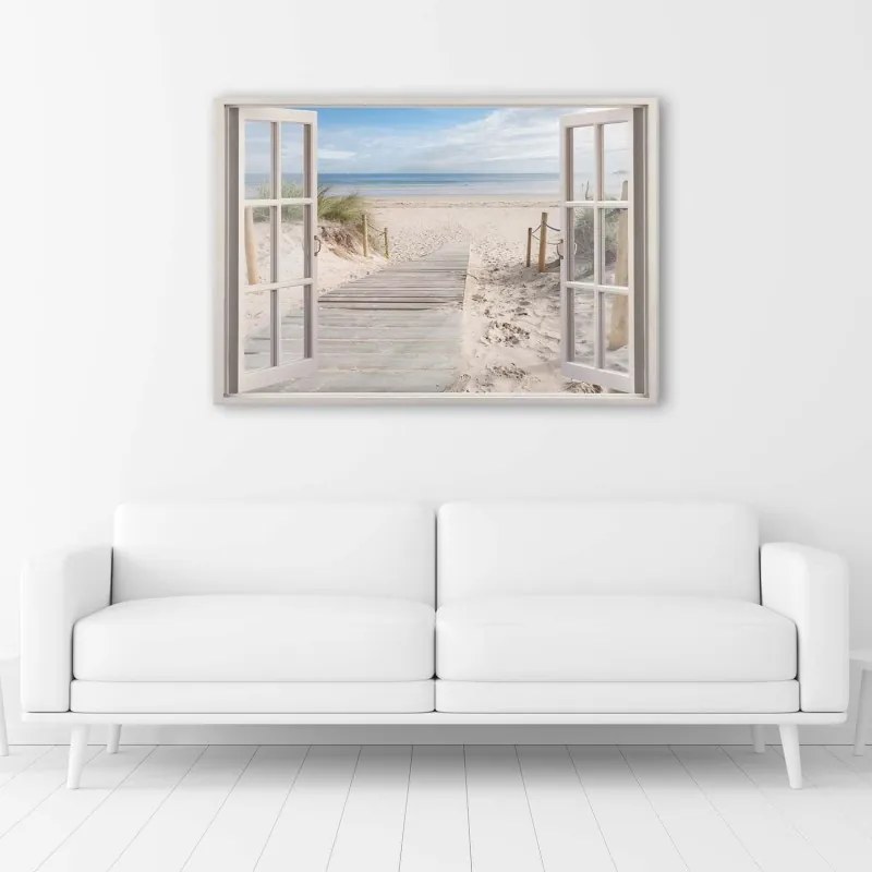 Quadro su tela, Finestra vista spiaggia mare  Dimensioni 100x70