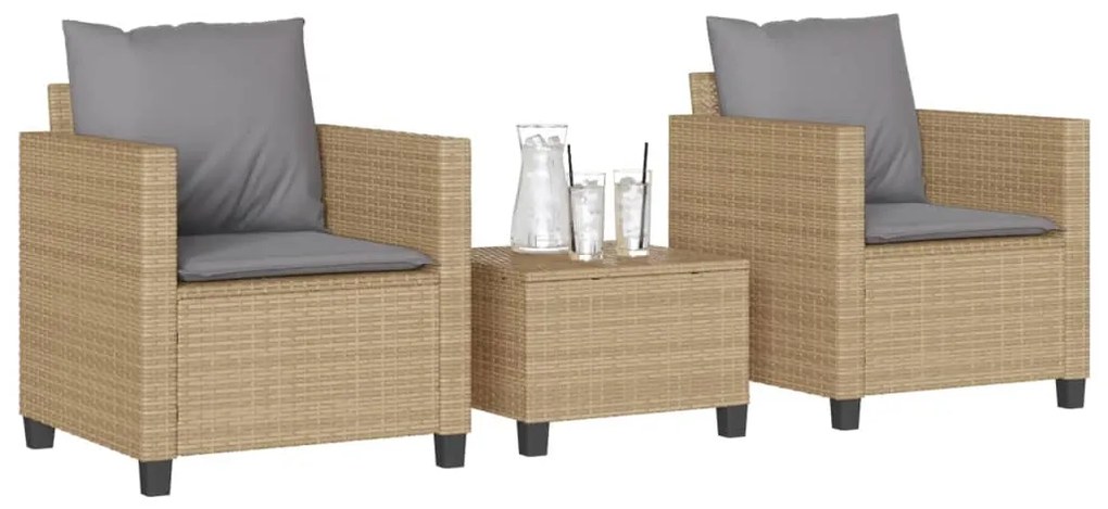 Set da bistrò 3 pz con cuscini beige in polyrattan