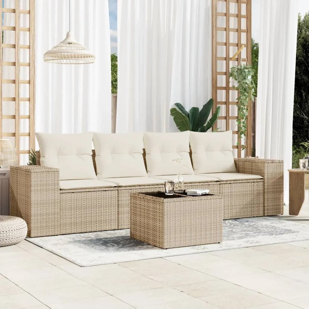 Set divano da giardino 5 pz con cuscini beige in polyrattan