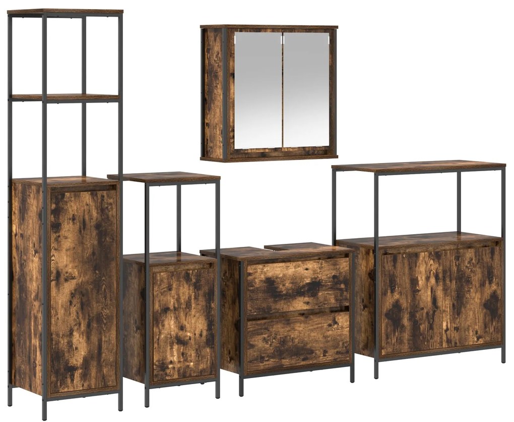 Set di mobili da bagno 5 pezzi in legno ingegnerizzato rovere affumicato