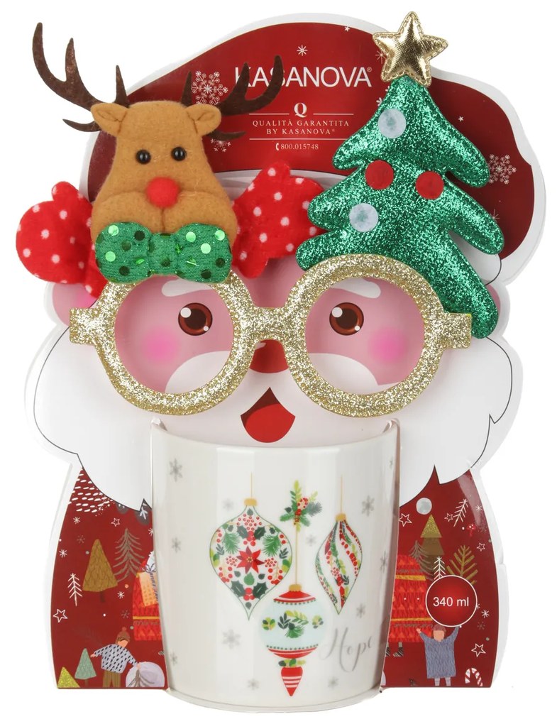 Set tazza palline Natale 340 ml e occhiali natalizi