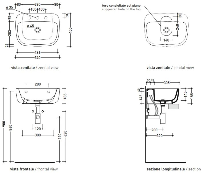 Ceramica Flamininia Monò lavabo 54x40 da appoggio o sospeso senza troppopieno predisposto 3 fori in ceramica bianco