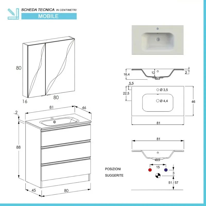 Mobile bagno sospeso 80 cm bianco legno con specchio contenitore Smart