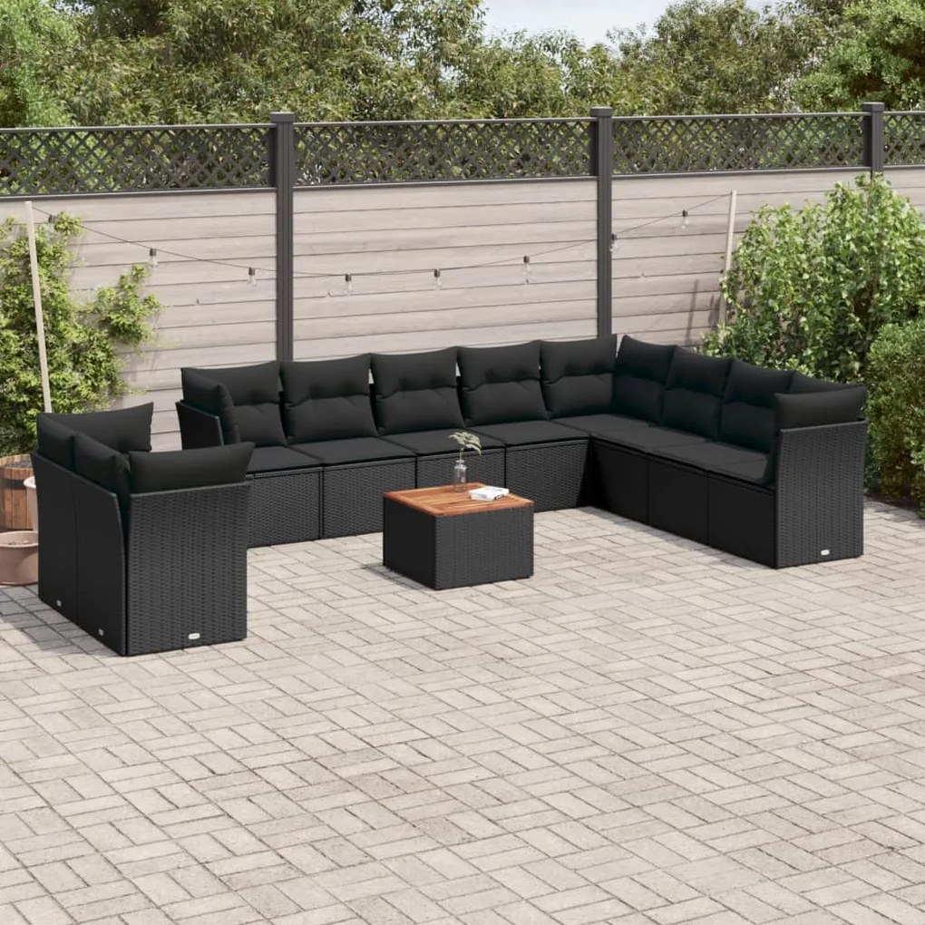 Set divani da giardino 11 pz con cuscini in polyrattan nero