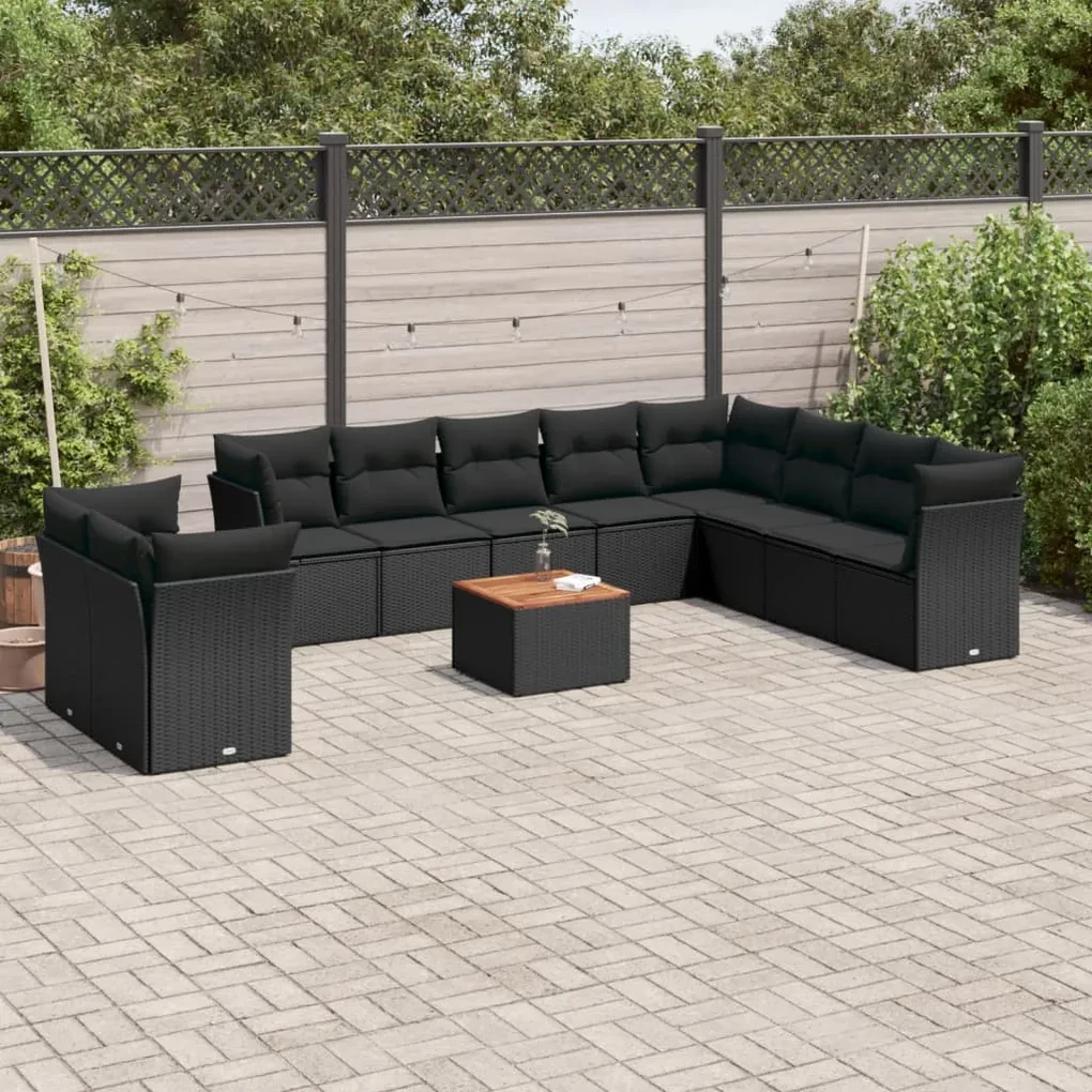 Set divani da giardino 11 pz con cuscini in polyrattan nero