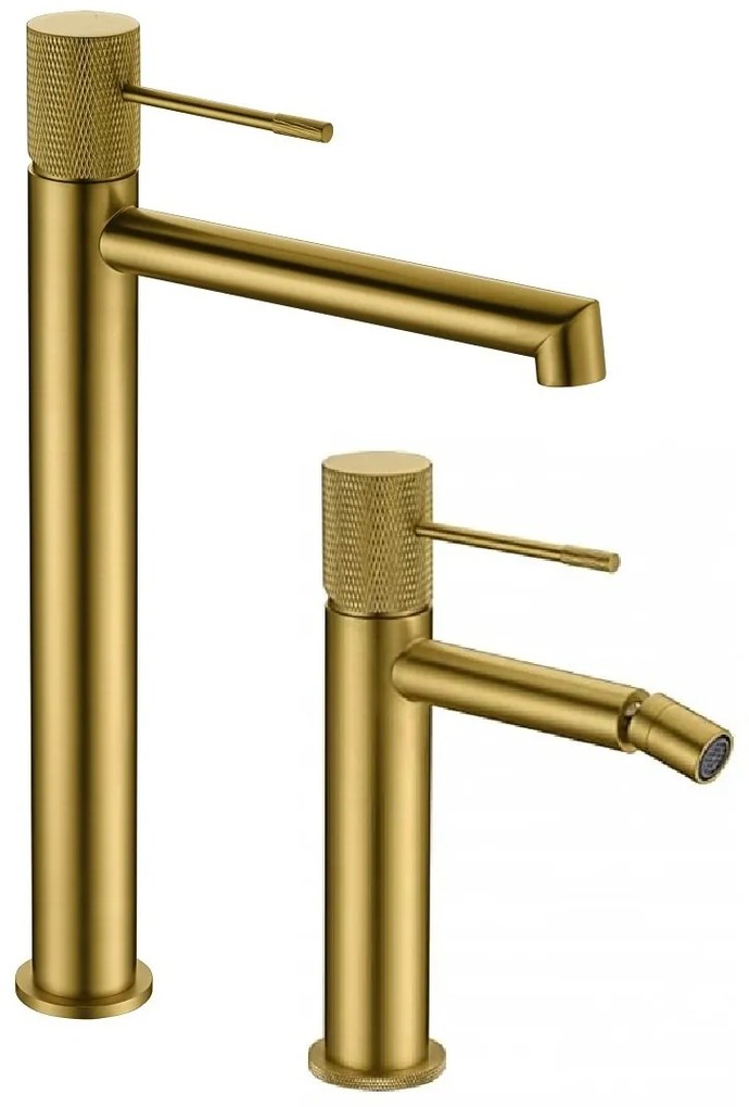 Coppia rubinetti miscelatore lavabo alto e bidet senza scarico in ottone oro spazzolato Melin