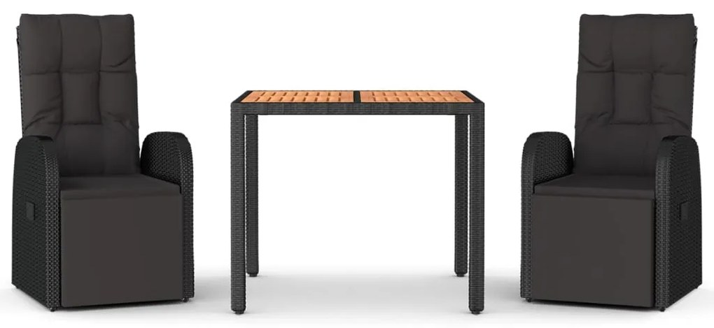 Set pranzo giardino 3pz nero polyrattan e legno massello acacia