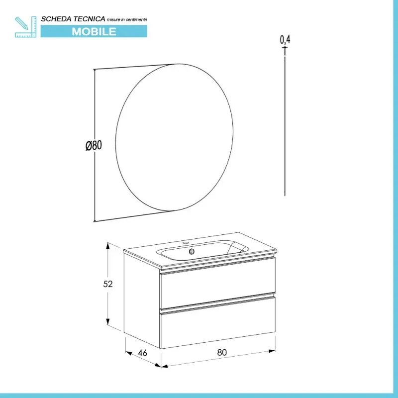 Mobile bagno sospeso 80 cm bianco opaco con lavabo e specchio Master
