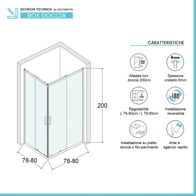 Box doccia angolare 80x80 cm doppio scorrevole in cristallo trasparente Ted