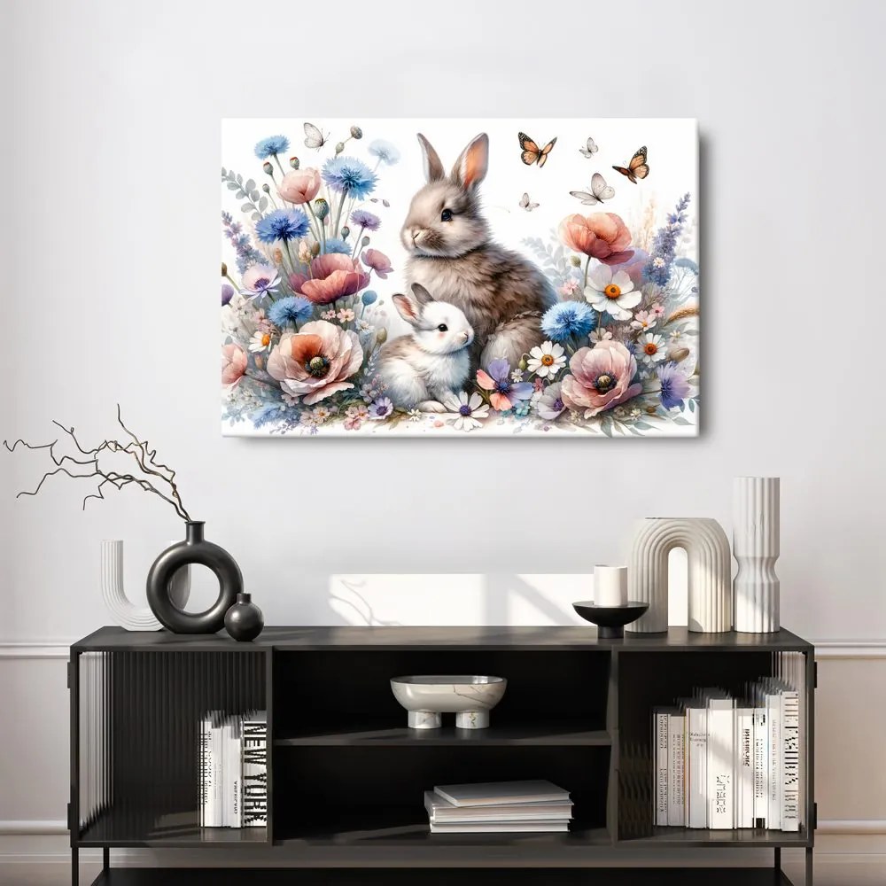 Quadro su tela – Coniglietti in giardino primaverile in fiore