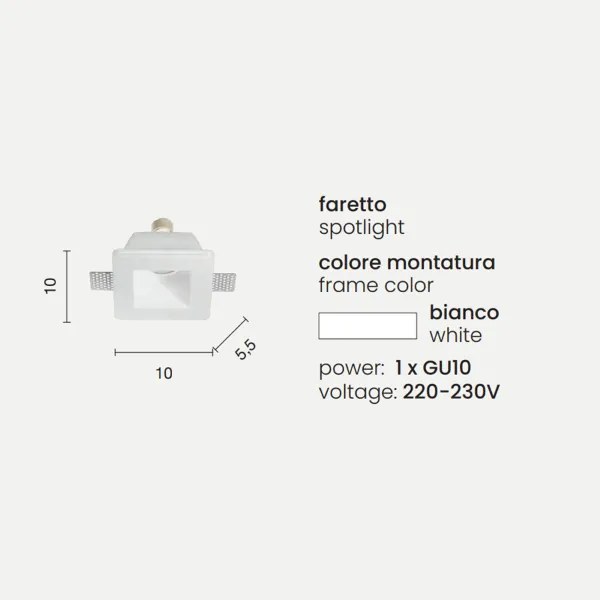 Faretto da incasso quadrato RUMBA in gesso verniciato Bianco 10x10 cm