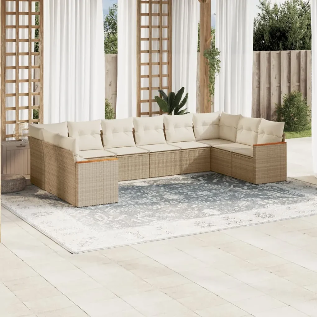 Set divano da giardino 10 pz con cuscini beige in polyrattan