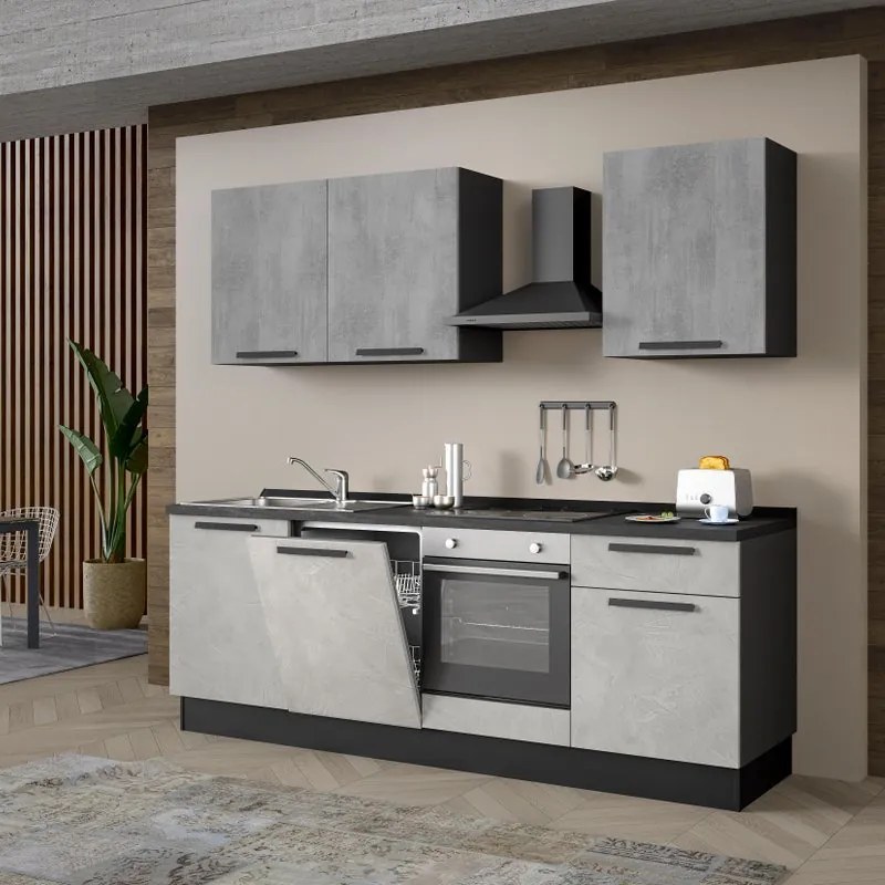 Cucina montata Dora bianco e grigio chiaro, lavello a sinistra, L 240 cm, completa di: cappa a camino, piano cottura a induzione, forno e lavastoviglie