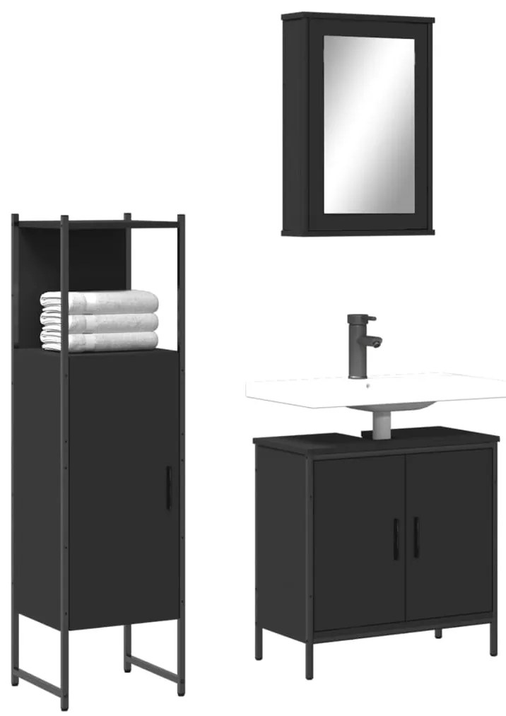 Set Mobili Da Bagno 3 Pz Nero İn Legno Multistrato /