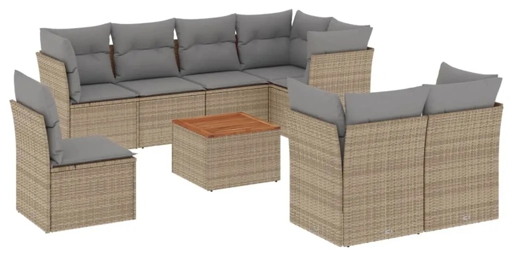 Set divano da giardino 9 pz con cuscini beige in polyrattan