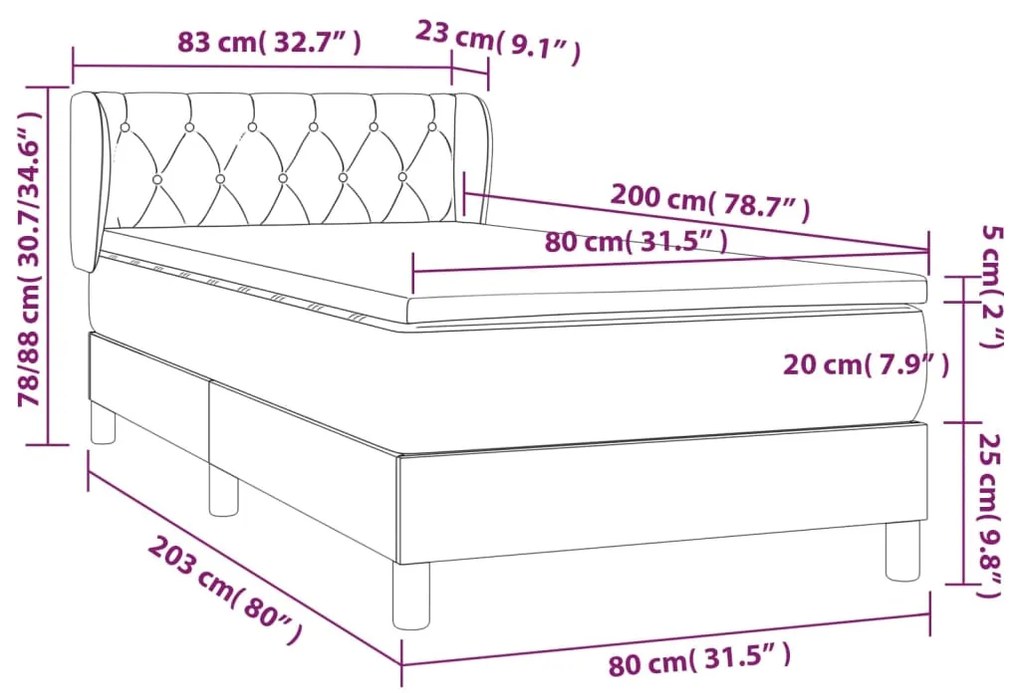 Giroletto a Molle con Materasso Nero 80x200 cm in Velluto