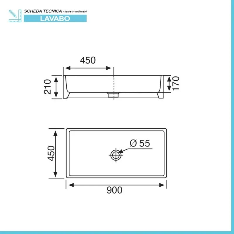Lavabo a canale 90x45 cm dappoggio o sospeso in ceramica lucida