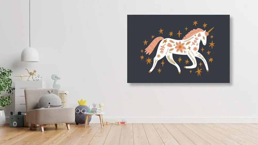 Stampa su tela – Unicorno fiabesco in stile folk